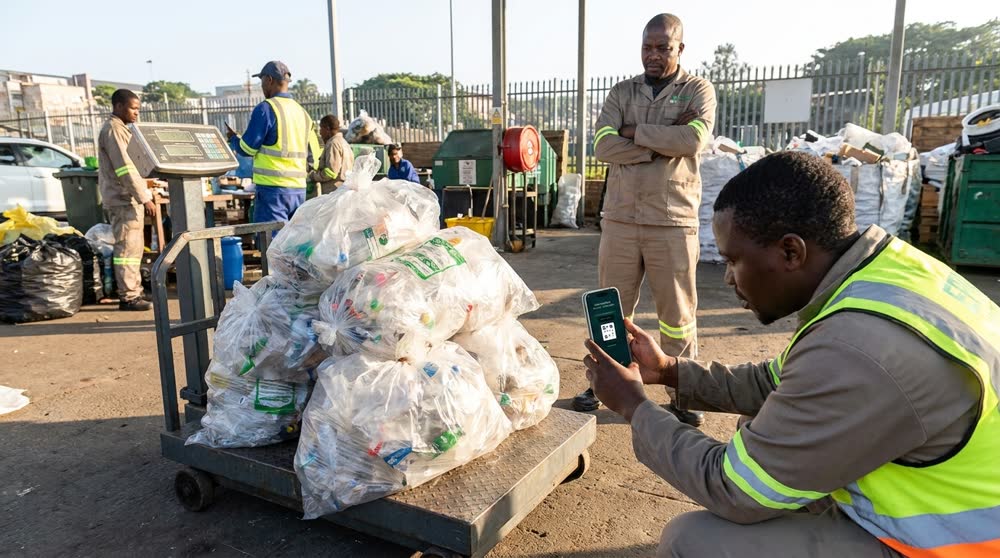 Crew photographing weighed recycling bags live at the kiosk