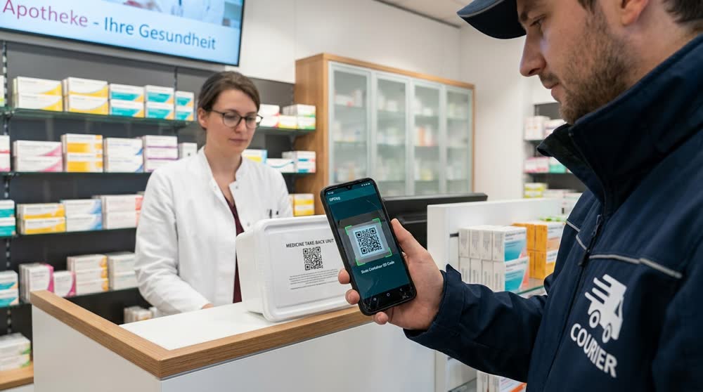Courier scanning an EPRlog QR code on a pharmacy medicine take-back container